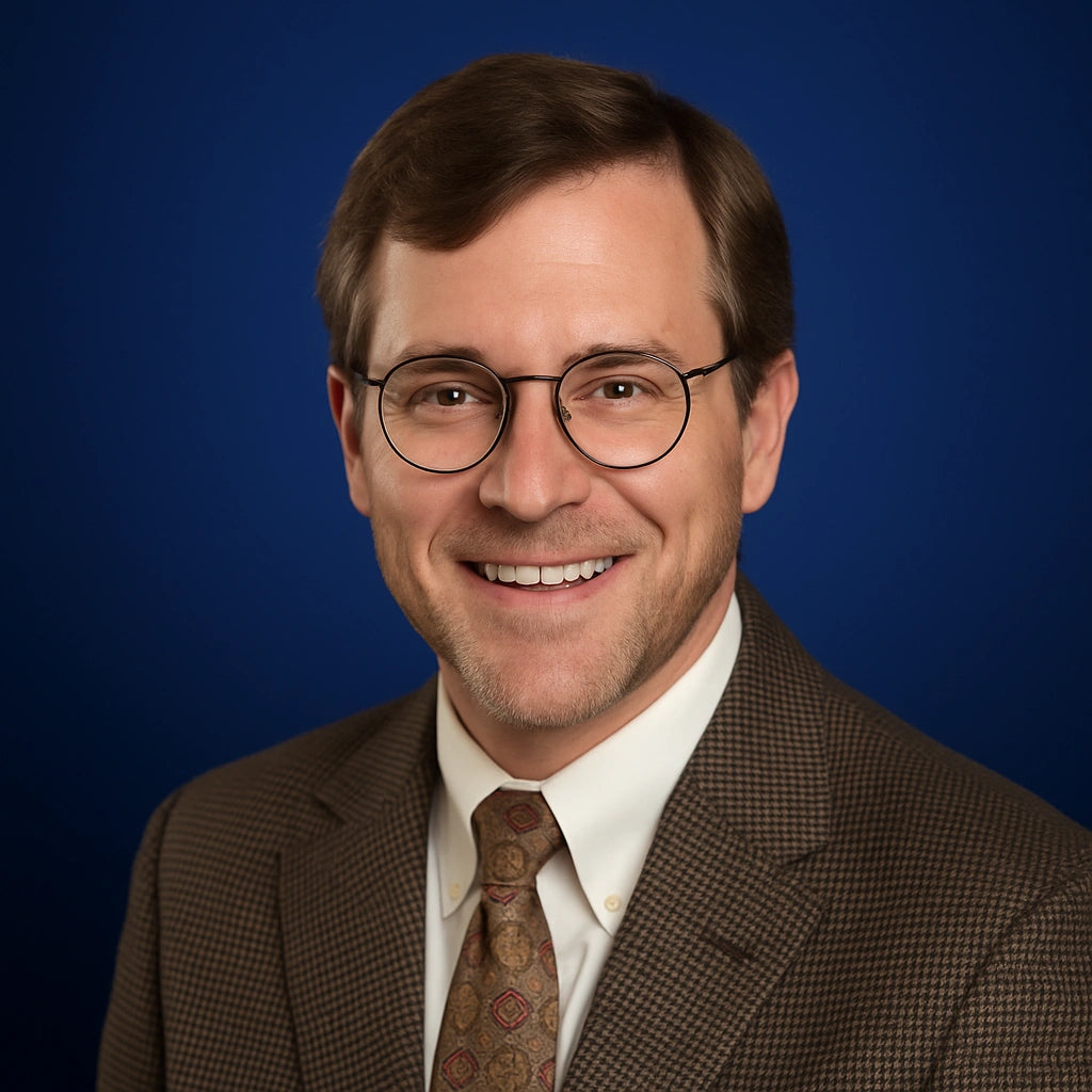 Professional headshot of Richard Blake, member of the Story Selection Team at Authority Ink Press, smiling in front of a dark blue studio background.